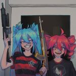  2girls ahoge ak-47 aqua_eyes aqua_hair aqua_nails assault_rifle astrophysics black_shirt blush brazil breasts clenched_teeth commission cosplay cr_flamengo drill_hair eyelashes fangs film_grain finger_on_trigger fingernails golden_gun grin gun hair_between_eyes half-closed_eyes hand_up hatsune_miku highres holding holding_gun holding_weapon indoors kalashnikov_rifle kasane_teto lens_flare long_hair looking_at_viewer meme multicolored_hair multiple_girls nail_polish night non-web_source nose open_mouth parody red_eyes red_hair rifle sainttufa sasha_(astrophysics) shirt short_hair short_sleeves smile soccer_uniform sportswear standing t-shirt teeth tongue trigger_discipline twin_drills twintails two-tone_hair upper_body utau vocaloid weapon window 