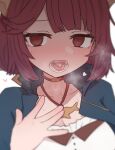  1girl @_@ atelier_(series) atelier_sophie blush cum cum_in_mouth cum_on_tongue hand_on_own_chest heart highres looking_at_viewer lower_teeth_only open_mouth red_eyes red_hair short_hair solo sophie_neuenmuller sumiyao_(amam) sweat teeth tongue 