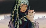  1girl amazigh_clothes animal artist_name black_hair black_nails cat closed_mouth desert expressionless fingernails green_eyes highres holding holding_animal looking_at_viewer original outdoors sharp_fingernails solo tan upper_body yuko_(foret_noire) 