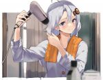  1girl ahoge arm_up blue_eyes blurry blurry_foreground blush closed_mouth commentary_request cropped_torso depth_of_field grey_hair hair_between_eyes hair_dryer hair_ornament hand_up highres holding kizuna_akari lamb_(hitsujiniku) long_hair looking_at_viewer shirt smile solo towel towel_around_neck upper_body very_long_hair voiceroid white_shirt 
