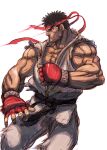  1boy bingoman black_hair boxing_gloves clenched_hand dougi fighting_stance forked_eyebrows frown headband highres looking_ahead male_focus muscular muscular_male red_headband ryu_(street_fighter) short_hair solo street_fighter thick_eyebrows unfinished 