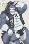  abs anthro banana biceps blue_eyes bulge clothing colored_nails dragon food fruit giansar grey_body hair hi_res hooded_vest horn lifewonders live_a_hero male muscular muscular_anthro muscular_male nails nipples pecs plant siokoboshi2020 solo speedo swimwear topwear vest white_hair 