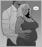  1boy 1girl big_belly breasts castle_dolphyn cleavage commentary couple covered_nipples dress english_commentary english_text genderswap genderswap_(mtf) hand_on_own_stomach hands_on_another&#039;s_stomach head_out_of_frame height_difference hetero highres hug hug_from_behind huge_breasts lips original pregnant short_dress short_hair solo_focus spaghetti_strap speech_bubble strap_gap wavy_hair 