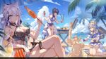  3girls animal animal_ears ball bare_shoulders beach beachball bird breasts bronya_zaychik bronya_zaychik_(herrscher_of_truth) cat_ears chinese_commentary cleavage closed_mouth cloud cloudy_sky crossed_legs cup day drill_hair grey_hair hair_between_eyes high_ponytail highres holding holding_cup honkai_(series) honkai_impact_3rd kiana_kaslana kiana_kaslana_(herrscher_of_finality) kneeling large_breasts long_hair looking_at_viewer multicolored_hair multiple_girls ocean official_art official_wallpaper one_eye_closed open_hands outdoors raiden_mei raiden_mei_(herrscher_of_origin) sand_castle sand_sculpture sitting sky smile standing streaked_hair thigh_strap white_hair 