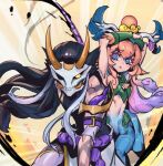  1boy 1girl animal_ears antlers bare_shoulders black_hair blonde_hair blue_eyes breasts centaur colored_skin hair_between_eyes hair_ornament horned_mask horse_girl league_of_legends lillia_(league_of_legends) long_hair mask multicolored_hair parted_lips phantom_ix_row shan_hai_scrolls_lillia taur teeth yellow_background 