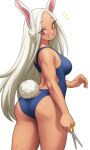  1girl animal_ears ass back bare_shoulders blue_one-piece_swimsuit boku_no_hero_academia breasts commission dark-skinned_female dark_skin english_commentary from_behind highres holding holding_scissors large_breasts lentiyay long_eyelashes long_hair looking_at_viewer mirko one-piece_swimsuit parted_bangs rabbit_ears rabbit_girl rabbit_tail red_eyes scissors smile solo sweat swimsuit tail tail_through_clothes thighs toned twisted_torso white_background white_hair 