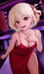  1girl :d absurdres blonde_hair blurry blurry_background bob_cut bracelet breasts cleavage collarbone commission dress earrings evening_gown hair_ribbon hand_on_own_chest highres indoors jewelry leaning_forward looking_at_viewer lycoris_recoil medium_breasts necklace nishikigi_chisato one_side_up open_mouth red_dress red_eyes red_ribbon revenantart ribbon side_slit smile solo table 