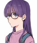  1girl blue_eyes blush dr._slump glasses looking_at_viewer napata norimaki_arale overalls parted_lips pink_sweater purple_hair ribbed_sweater sideways_glance simple_background solo sweater turtleneck turtleneck_sweater white_background 