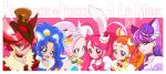  6+girls :d animal_ears arisugawa_himari artist_logo bare_shoulders blue_choker blue_eyes blue_hair blue_jacket bow brooch brown_choker brown_eyes brown_headwear cat_ears choker commentary_request copyright_name cure_chocolat cure_custard cure_gelato cure_macaron cure_parfait cure_whip dog_ears dress earrings extra_ears eyelashes food food-themed_hair_ornament fur_trim hair_ornament hairband happy hat high_ponytail high_side_ponytail jacket jewelry juliet_sleeves kamikita_futago kenjou_akira kirahoshi_ciel kirakira_precure_a_la_mode kotozume_yukari long_hair long_sleeves looking_at_viewer macaron macaron_hair_ornament magical_girl multicolored_hair multiple_girls open_mouth orange_hair pink_bow pink_choker pink_eyes pink_hair ponytail precure puffy_long_sleeves puffy_sleeves purple_choker purple_dress purple_eyes purple_hair rabbit_ears red_eyes red_hair short_hair side_ponytail silver_earrings smile spiked_hair streaked_hair tategami_aoi top_hat twintails two-tone_hair usami_ichika 