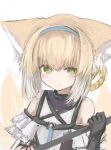  1girl animal_ears arknights bare_shoulders black_collar black_gloves blonde_hair blue_hairband blush braid braided_hair_rings closed_mouth clothing_cutout collar commentary_request fox_ears fox_girl fox_tail gloves green_eyes hair_between_eyes hair_rings hairband highres holding holding_staff infection_monitor_(arknights) kitsune kyuubi looking_at_viewer multicolored_hair multiple_tails piennamekuzi short_hair shoulder_cutout single_glove sketch solo staff suzuran_(arknights) tail two-tone_hair upper_body white_background white_hair 