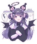 1girl animal_ears bat_wings black_hair black_ribbon black_sweater black_wings bone_hair_ornament bow character_hair_ornament cosplay cross english_commentary fake_animal_ears flower hair_bow hair_ornament hair_ribbon hair_scrunchie hairclip halo hands_up heart highres kuromi kuromi_(cosplay) long_hair long_sleeves looking_at_viewer open_mouth original pink_flower purple_bow purple_eyes ribbon sailor_collar sanrio scrunchie sleeves_past_fingers sleeves_past_wrists smile speech_bubble striped striped_bow sweater teeth turtleneck twitter_username two_side_up upper_body upper_teeth_only very_long_hair white_background white_flower white_sailor_collar window_(computing) wings yukomeow 