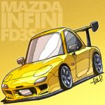  car chibi mazda mazda_rx-7 mazda_rx-7_fd motor_vehicle no_humans original signature simple_background solo spoiler_(automobile) sports_car takedake_(motion_animator) vehicle_focus vehicle_name yellow_background yellow_car 