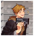  1boy barbie_mugshot_(meme) blonde_hair bombyoon brown_eyes haikyuu!! height_chart height_mark highres holding holding_sign light_brown_hair long_sleeves looking_at_viewer male_focus meme miya_atsumu mugshot multicolored_hair open_mouth prisoner short_hair sign smile two-tone_hair upper_body 