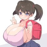  1girl backpack bag bare_shoulders black_hair blue_eyes blue_skirt blush breasts bursting_breasts cleavage collarbone commentary_request covered_nipples dot_nose grin hands_up highres huge_breasts long_hair looking_at_viewer mesugaki no_bra ok_sign oppai_loli original pleated_skirt randoseru shirogane_hakuba sideboob simple_background skirt smile solo strap_slip twintails upper_body white_background 