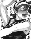  1boy arm_up bare_shoulders blush collarbone commentary_request full-face_blush jojo_no_kimyou_na_bouken male_focus monochrome narancia_ghirga open_mouth short_hair sleeveless solo sweatdrop teeth translation_request vento_aureo zakki 