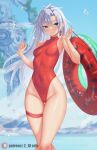  1girl :o a_(xenoblade) artist_name bare_shoulders blue_eyes blue_sky blush breasts competition_swimsuit covered_navel day earrings feet_out_of_frame grey_hair groin highleg highleg_swimsuit highres holding holding_innertube innertube jewelry long_hair looking_at_viewer one-piece_swimsuit outdoors parted_lips red_one-piece_swimsuit single_earring skindentation sky small_breasts solo sparkle standing swimsuit thigh_strap very_long_hair xenoblade_chronicles_(series) xenoblade_chronicles_3 xenoblade_chronicles_3:_future_redeemed z-ki 