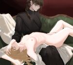  2girls absurdres black_robe black_sleeves blonde_hair bone breasts brown_hair clitoral_stimulation closed_eyes couch deerwhisky fingering hand_on_another&#039;s_face highres looking_down lying multiple_girls nipples nude on_back original red_background robe sitting yuri 