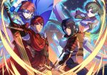 1girl 3boys alcryst_(fire_emblem) armor arrow_(projectile) ascot black_gloves blue_eyes blue_hair bow_(weapon) brothers cape closed_mouth diamant_(fire_emblem) fire_emblem fire_emblem:_the_binding_blade fire_emblem:_the_blazing_blade fire_emblem_engage fire_emblem_heroes fur_trim gloves green_hair hair_between_eyes hair_ornament hairclip headband holding holding_sword holding_weapon long_hair long_sleeves looking_at_viewer lyn_(fire_emblem) male_focus multiple_boys ponytail red_eyes red_hair roy_(fire_emblem) shiran_ki shirt short_hair shoulder_armor siblings smile sword weapon white_ascot white_shirt 