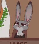  anthro crossover disney ear_piercing famished_(artist) female fur grey_body grey_fur hi_res judge judge_judy judy_hopps lagomorph leporid mammal meme piercing purple_eyes rabbit solo zootopia 