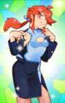  antenna_hair arms_up black_jacket black_skirt breasts glass glasses jacket looking_at_viewer lorelei_(pokemon) medium_breasts onnaski orange_eyes orange_hair pokemon ponytail shirt skirt sleeveless sleeveless_shirt smile standing 