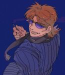  1boy absurdres black_scarf blue_background blue_jacket brown_hair cigarette commentary_request glasses highres holding holding_cigarette hyoudou_kazuya inudori jacket kaiji lips looking_at_viewer looking_down male_focus medium_bangs parted_bangs purple-tinted_eyewear scarf short_hair simple_background smoke smoking sneer solo striped striped_jacket tinted_eyewear upper_body v-shaped_eyebrows vertical-striped_jacket vertical_stripes 