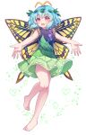  1girl absurdres antennae aqua_hair barefoot blush butterfly_wings dress eternity_larva fairy full_body green_dress hair_between_eyes highres kaoling leaf leaf_on_head looking_at_viewer multicolored_clothes multicolored_dress open_mouth orange_eyes short_hair short_sleeves simple_background smile solo touhou white_background wings 