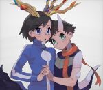  2boys antlers arceus black_hair blue_eyes blue_jacket calem_(pokemon) closed_mouth commentary_request cross-shaped_pupils green_eyes green_nails highres holding_hands horns jacket long_sleeves lucas_(pokemon) male_focus monster_boy multiple_boys nail_polish orange_scarf pokemon pokemon_(game) pokemon_dppt pokemon_tail pokemon_xy sana_(37pisana) scarf short_hair short_sleeves symbol-shaped_pupils tail turtleneck turtleneck_jacket upper_body xerneas zipper_pull_tab 