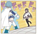  2girls akemi_homura argyle argyle_legwear aura black_capelet black_hair black_hairband blue_footwear blue_hair blue_skirt boots bow bowtie cape capelet gloves hairband high_heel_boots high_heels highres long_hair long_sleeves magical_girl mahou_shoujo_madoka_magica meme menacing_(jojo) miki_sayaka multiple_girls oh?_you&#039;re_approaching_me?_(meme) pantyhose purple_bow purple_bowtie purple_eyes sidelocks skirt thighhighs very_long_hair walking white_cape white_gloves white_thighhighs yellow_background yuno385 