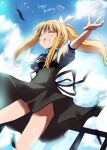  1girl :d air_(visual_novel) black_dress blonde_hair blue_sky blush breasts closed_eyes cloud commentary_request cowboy_shot dress feathers fujii_rino happy_birthday kamio_misuzu long_hair medium_bangs medium_breasts open_mouth pinafore_dress ponytail puffy_short_sleeves puffy_sleeves railing shirt short_sleeves sidelocks sky sleeveless sleeveless_dress smile solo very_long_hair white_shirt 