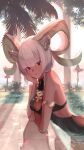  1girl animal_ears aoi_tooru arknights arm_support backlighting bare_shoulders bathing black_one-piece_swimsuit breasts carnelian_(arknights) carnelian_(shimmering_dew)_(arknights) casual_one-piece_swimsuit cleavage closed_mouth day goat_ears goat_girl goat_horns grey_hair hand_on_own_cheek hand_on_own_face highres horns jewelry leaning_forward looking_at_viewer medium_breasts necklace official_alternate_costume one-piece_swimsuit partially_submerged petals red_eyes short_hair smile solo sunlight swimsuit water 
