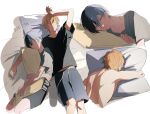  2boys aoyagi_touya arm_up black_shirt blonde_hair blue_hair blush closed_eyes closed_mouth commentary_request dark_blue_hair drawstring grey_eyes grey_shirt hair_between_eyes highres lying midriff_peek mole mole_under_eye multicolored_hair multiple_boys object_hug on_back orange_hair parted_lips pillow pillow_hug project_sekai shinonome_akito shirt short_hair short_sleeves shorts sleeping split-color_hair split_mouth streaked_hair sua_yohukashi t-shirt topless_male two-tone_hair yaoi 