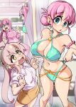  4girls absurdres aqua_bikini ass_visible_through_thighs bare_shoulders bikini blurry blurry_background bocchi_the_rock! bongfill breasts collarbone commentary criss-cross_halter crossover cube_hair_ornament curtains eyewear_on_head fitting_room gotou_hitori gotou_michiyo hair_ornament halterneck hands_up height_difference highres hozuki_kaede indoors jacket large_breasts long_hair looking_at_viewer mature_female mother_and_daughter multicolored_hair multiple_girls navel o-ring onii-chan_wa_oshimai! open_mouth oyama_mahiro pants parted_lips pink_hair pink_jacket pink_pants puffy_short_sleeves puffy_sleeves raised_eyebrows shaded_face shirt short_sleeves skirt standing swimsuit symbol-only_commentary teeth thighs tile_floor tiles track_jacket track_pants track_suit trying_on_clothes two-tone_hair underboob upper_teeth_only wavy_mouth white-framed_eyewear yellow_skirt 
