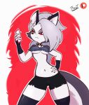  anthro bottomwear breasts canid canine canis clothing fantharubi female frown hand_on_hip helluva_boss hi_res loona_(helluva_boss) mammal midriff red_sclera shorts simple_background solo under_boob wolf 