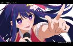  1girl :d blush collar copyright_name dress floating_hair foreshortening hair_between_eyes hair_ornament holding holding_microphone hoshino_ai_(oshi_no_ko) idol letterboxed long_hair microphone open_mouth oshi_no_ko outstretched_arm pink_dress pointing purple_eyes purple_hair smile solo star-shaped_pupils star_(symbol) star_in_eye symbol-shaped_pupils symbol_in_eye teino_(urkbil126) white_collar 