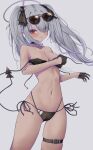  1girl absurdres akinoji_(akiponpon27) bikini black_bikini black_choker black_gloves blue_archive blush breasts choker commentary_request dark-skinned_female dark_skin demon_tail eyewear_on_head gloves grey_background grey_hair hair_over_one_eye hair_ribbon halo highres iori_(blue_archive) iori_(swimsuit)_(blue_archive) long_hair medium_breasts multi-strapped_bikini navel official_alternate_costume pointy_ears red_eyes ribbon side-tie_bikini_bottom solo sunglasses swimsuit tail thigh_strap twintails untied_bikini wardrobe_malfunction 