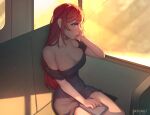  1girl absurdres artist_name black_dress blue_eyes book breasts cleavage commentary dress english_commentary game_cg harem_in_another_world head_rest highres large_breasts long_hair off-shoulder_dress off_shoulder red_hair short_dress sitting solo starli_(starlianechan) train_interior watermark window 