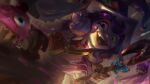  1girl :d apron bag bittersweet_lulu candy candy_cane cane cupcake dress fang food hat heterochromia highres holding holding_cane horace_h league_of_legends long_hair lulu_(league_of_legends) nail_polish pink_eyes pix_(league_of_legends) puffy_short_sleeves puffy_sleeves purple_hair short_sleeves smile teeth tongue witch_hat yellow_eyes yordle 