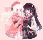  2girls arcaea bag black_hair black_sweater_vest bow bowtie bread bread_slice candy cardigan food grey_skirt hair_bow highres lollipop multiple_girls multiple_hair_bows necktie red_bow red_bowtie red_cardigan red_eyes red_necktie refish shirt shoulder_bag simple_background skirt sweater_vest white_hair white_shirt 