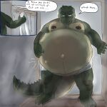  1:1 alligator alligatorid anthro barazoku belly belly_blush big_belly big_tail blush body_blush comic crocodilian dialogue digital_media_(artwork) doorway ellipsis fluximus_(flux) front_view green_body green_scales hand_on_stomach hi_res huge_belly huge_tail hyper hyper_belly hyper_pregnancy invalid_color male maleherm_(lore) multicolored_body multicolored_scales muscular muscular_anthro muscular_male nipple_piercing nipples pecs piercing pregnant pregnant_anthro pregnant_male reptile sauna scales scalie scutes shaded signature silvertine solo speech_bubble story story_in_description tail thick_tail towel towel_around_waist two_tone_body two_tone_scales unborn_kicking watermark 