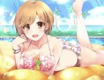  1girl aiba_yumi arm_under_breasts ass bikini blonde_hair blush boat breasts brown_eyes cloud cloudy_sky collarbone day dot_nose earrings floral_print flower frilled_bikini frills grass hand_up highres idolmaster idolmaster_cinderella_girls idolmaster_cinderella_girls_starlight_stage jewelry leg_up looking_at_viewer lying medium_breasts necklace ocean on_stomach open_mouth paopao pine_tree pool print_bikini short_hair sky smile solo sunlight swimsuit tree watercraft 