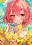  1girl absurdres blush closed_mouth cup drinking_straw earrings food fruit highres holding holding_cup jewelry kellymonica02 lemon lemon_slice lemonade looking_at_viewer medium_hair niconico nqrse pink_eyes pink_hair short_sleeves smile solo upper_body 