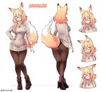  1girl absurdres animal_ear_fluff animal_ears aran_sweater ass asymmetrical_hair blonde_hair braid breasts brown_footwear brown_pantyhose brown_sweater cable_knit contrapposto covered_navel double-parted_bangs dress expressions fox_ears fox_girl fox_tail from_behind full_body gradient_hair green_eyes green_hair hair_over_shoulder highres jarckius large_breasts long_hair long_sleeves looking_at_viewer multicolored_hair orange_hair original pantyhose red-framed_eyewear reference_sheet ribbed_sweater simple_background sweater sweater_dress tail thigh_gap thighs 