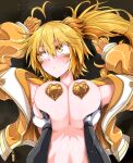  1girl antenna_hair arisa_(g_(genesis1556)) black_background blonde_hair blush breasts breasts_squeezed_together claws commentary_request covered_nipples dragon_girl dragon_horns g_(genesis1556) hair_between_eyes heart_pasties highres horns jacket large_breasts long_hair looking_to_the_side monster_girl original paid_reward_available pasties pov pov_hands simple_background solo_focus yellow_eyes 