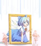  1girl blue_bow blue_dress blue_eyes blue_hair bow bowtie cirno commentary detached_wings dress framed full_body hair_bow highres ice ice_wings lbcirno9 open_clothes red_bow red_bowtie shirt short_hair short_sleeves touhou white_background white_shirt wings 