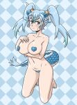  1girl acesrulez animal_ears blue_eyes blue_hair blush breasts covered_nipples dragon_girl dragon_tail hair_between_eyes heart heart_maebari heart_pasties huge_breasts kemono_friends kneeling long_hair looking_at_viewer maebari multicolored_hair navel pasties revealing_clothes seiryuu_(kemono_friends) solo stomach tail twintails 