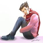  1boy ace_attorney aged_down black_hair black_pants brown_eyes full_body hugging_own_legs knees_up long_sleeves male_focus mask mask_removed mouth_mask pants phoenix_wright pink_shirt red_scarf scarf shirt shoes sitting sneakers solo spiked_hair twitter_username wakadori white_background 