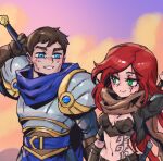  1boy 1girl arm_up armor belt blue_belt blue_eyes breastplate breasts brown_gloves brown_hair brown_scarf cleavage closed_mouth cloud crop_top day english_commentary garen_(league_of_legends) gloves green_eyes grin katarina_(league_of_legends) league_of_legends long_hair looking_at_another medium_breasts navel outdoors phantom_ix_row purple_sky red_hair scar scar_across_eye scarf short_hair shoulder_plates sky smile stomach_tattoo tattoo teeth weapon weapon_on_back 