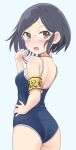  1girl absurdres armband ass black_eyes black_hair blue_background blush from_behind glasses hair_ornament hairpin hand_on_own_hip highres holding idolmaster idolmaster_cinderella_girls idolmaster_cinderella_girls_starlight_stage looking_at_viewer looking_back one-piece_swimsuit open_mouth saejima_kiyomi school_swimsuit short_hair shy simple_background sweatdrop swimsuit wavy_mouth whistle yama_tatsuo 