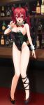  1girl :3 animal_ears bar_(place) bell black_bow black_footwear black_leotard black_ribbon blurry blurry_background bow bowtie braid breasts cat_ears cleavage commentary_request covered_navel detached_collar extra_ears footwear_bow full_body groin hair_bow indoors kaenbyou_rin ke-su leg_ribbon leotard long_hair looking_at_viewer medium_breasts neck_bell open_mouth pointy_ears red_bow red_bowtie red_eyes red_hair ribbon side_braids solo standing touhou twin_braids wrist_cuffs 
