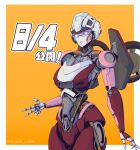  1girl arcee autobot blue_eyes border cable gonzo_mk06 highres looking_at_viewer mecha orange_background outside_border parted_lips piston purple-tinted_eyewear robot solo sunglasses tinted_eyewear transformers transformers:_rise_of_the_beasts transformers_(live_action) twitter_username v white_border 